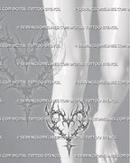 Cybersigilism heart tattoo stencil shown on shin placement with a vertical sigil shape and sharp tapered point.