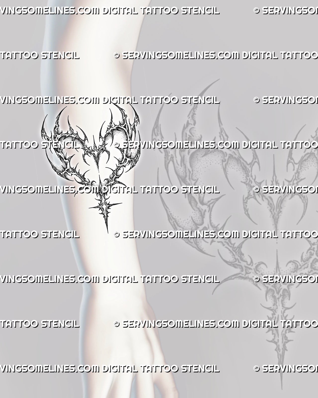 Cybersigilism heart tattoo stencil shown on forearm placement with open sigil heart shape and tapered point.