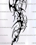 Close-up of cybersigilism knee tattoo details showing solid black neotribal sections, thin outlined forms, pointed curves, and contrasting negative space