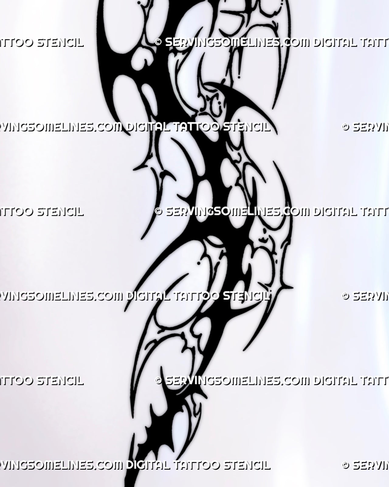 Close-up of cybersigilism knee tattoo details showing solid black neotribal sections, thin outlined forms, pointed curves, and contrasting negative space