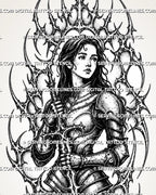 Close view of cybersigilism knight tattoo stencil showing female warrior face, sword hilt, plate armor, gauntlet detail, and cyber sigil linework