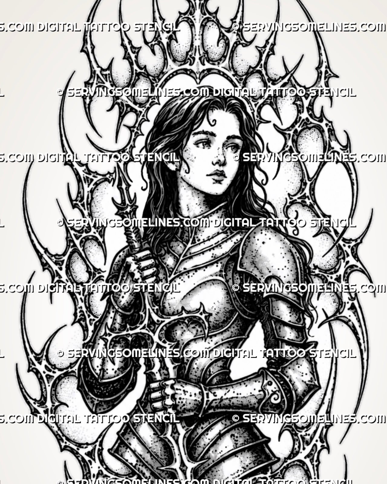 Close view of cybersigilism knight tattoo stencil showing female warrior face, sword hilt, plate armor, gauntlet detail, and cyber sigil linework