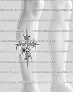 Cybersigilism lily cross tattoo stencil shown on calf placement with vertical cross shape, lily center, and spiked linework
