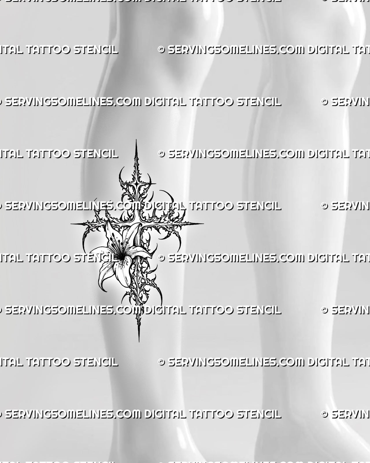 Cybersigilism lily cross tattoo stencil shown on calf placement with vertical cross shape, lily center, and spiked linework