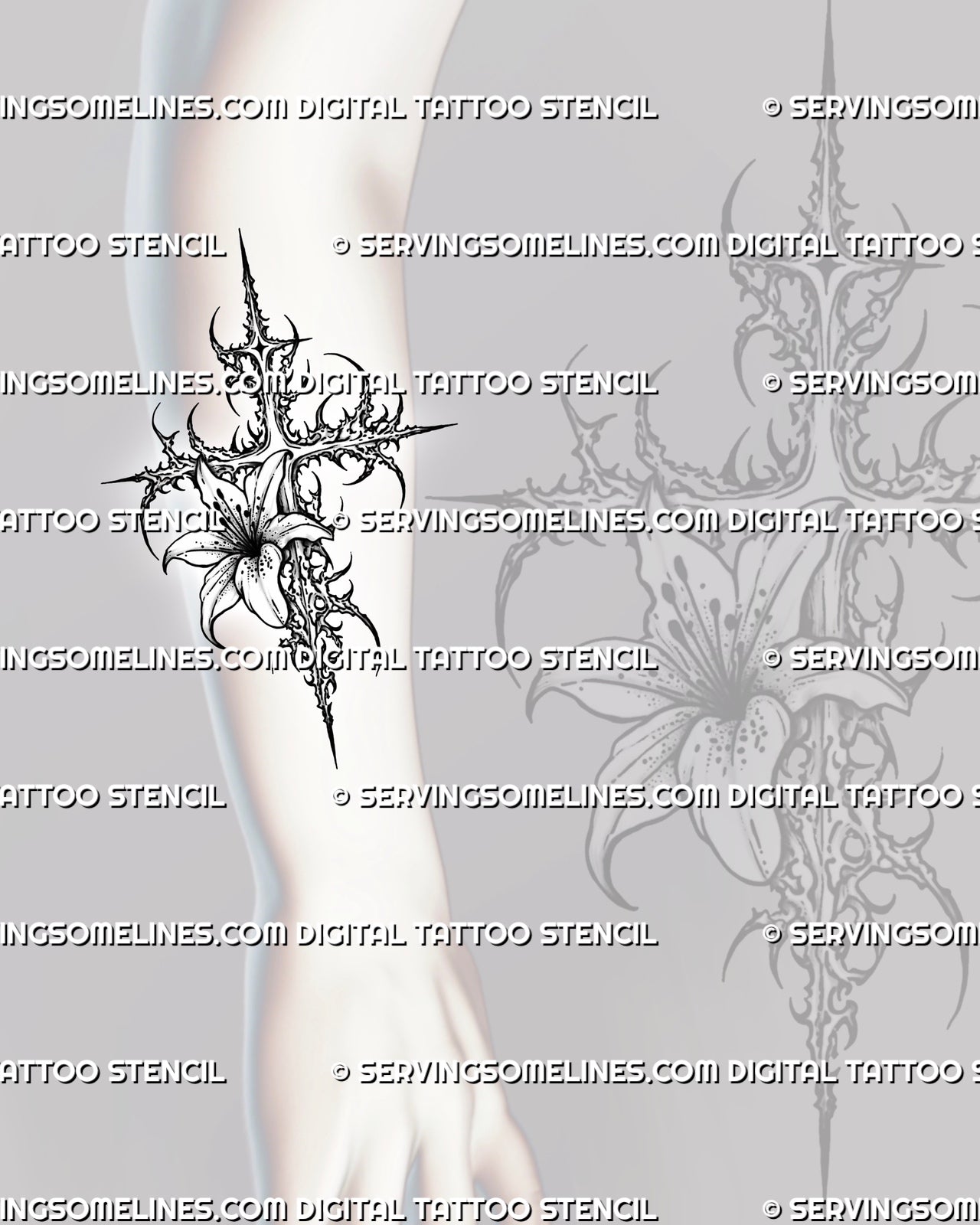 Cybersigilism lily cross tattoo stencil shown on forearm placement with tall cross shape and clear lily flower detail