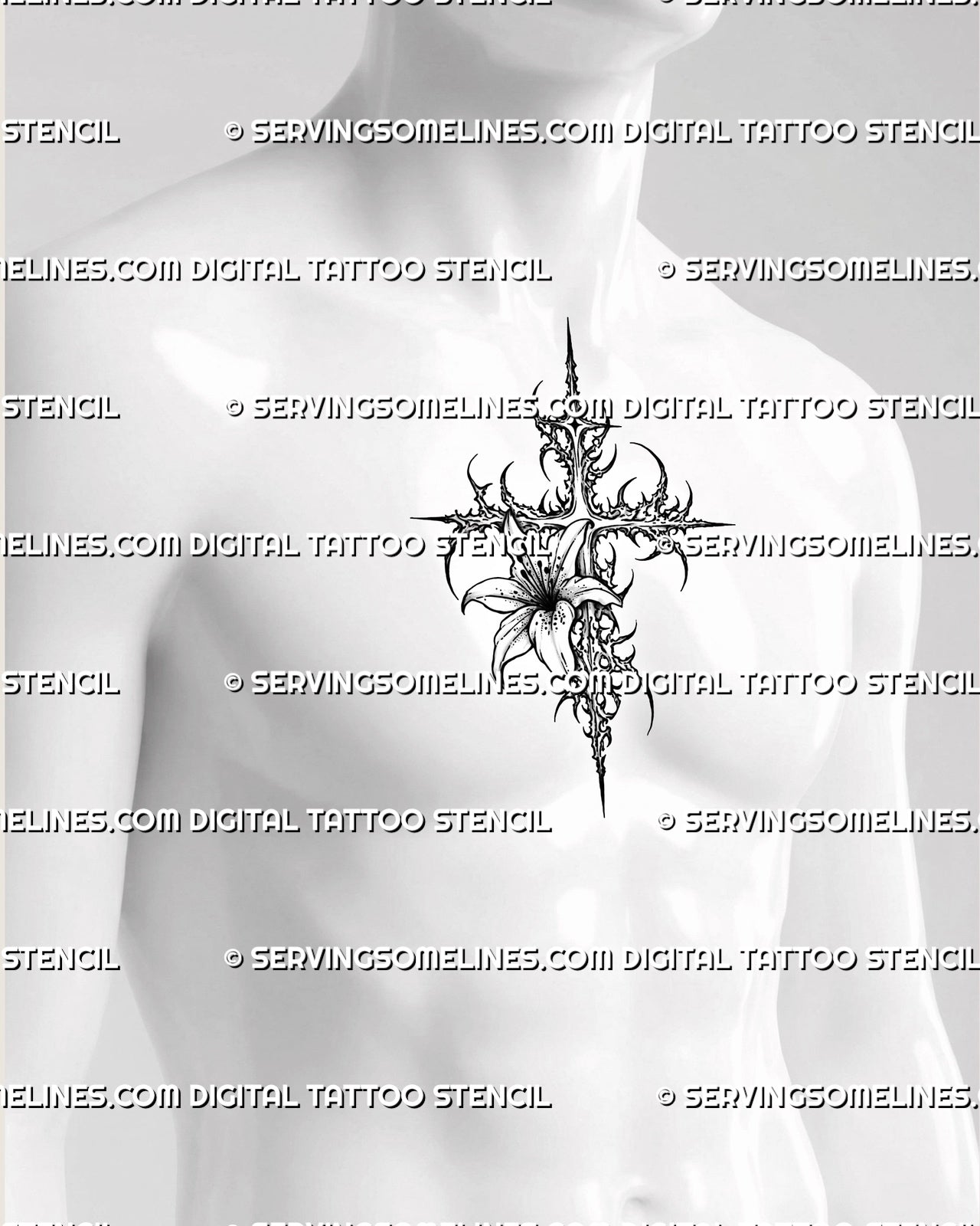 Cybersigilism lily cross tattoo stencil shown on men’s sternum placement with spiked cross frame and centered lily detail 