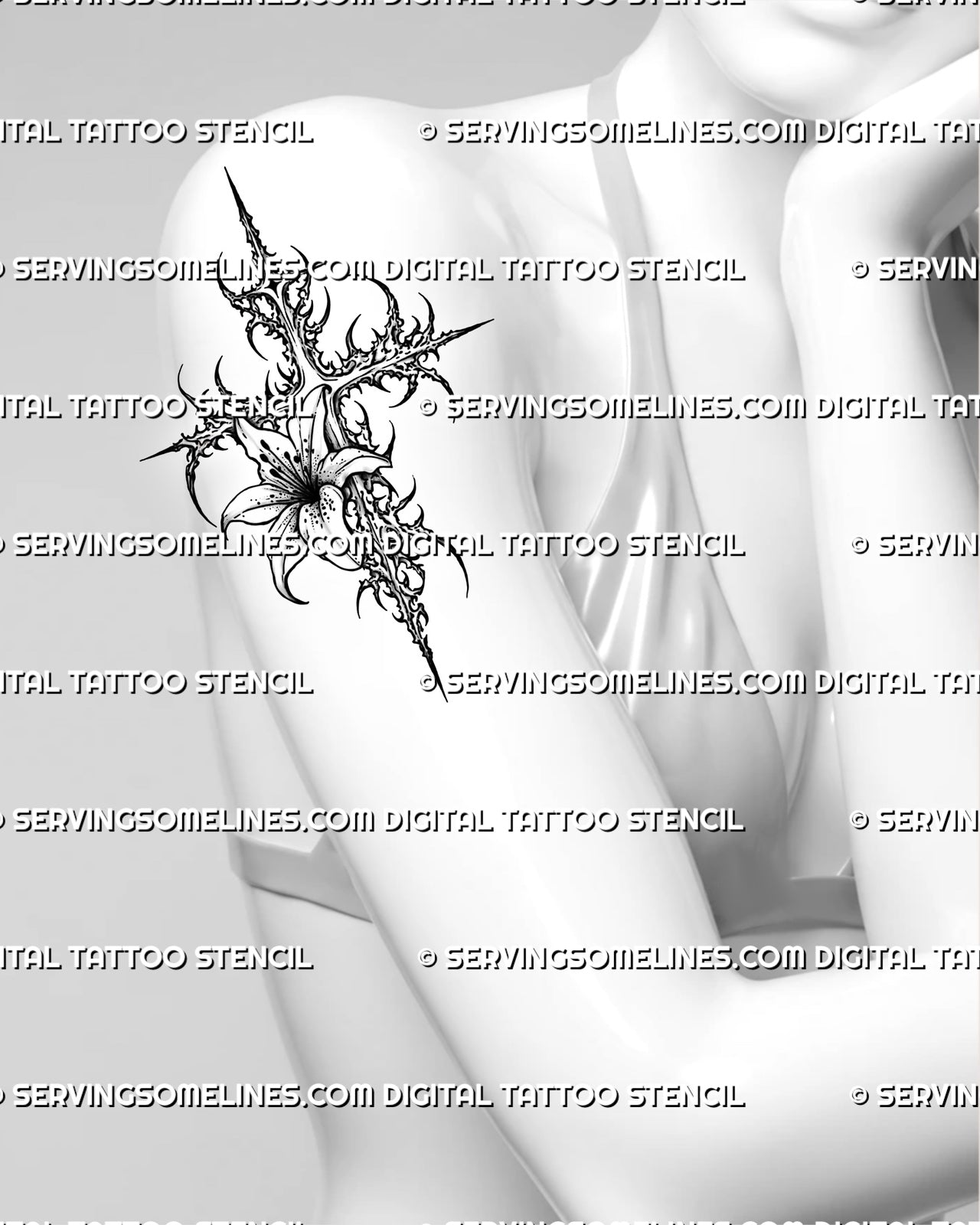 Cybersigilism lily cross tattoo stencil displayed on women’s arm placement with sharp floral cross structure