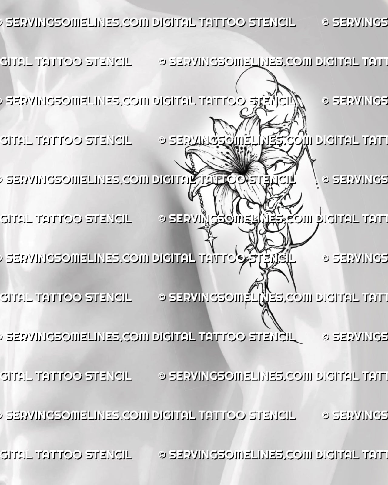 Cybersigilism lily tattoo stencil displayed on men’s upper arm placement with vertical flower shape and sharp cyber details 
