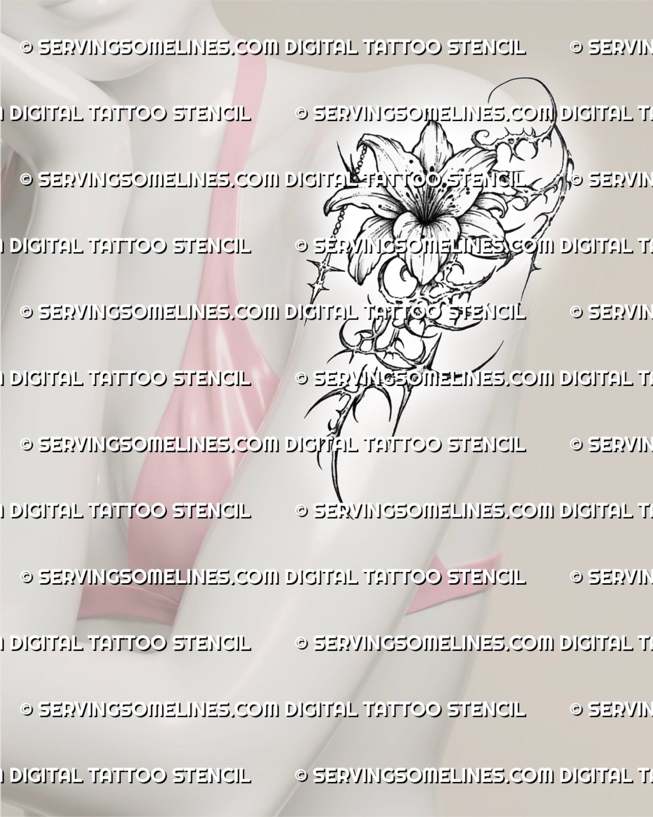 Cybersigilism lily tattoo stencil shown on women’s arm placement with sharp floral framing and dark botanical linework