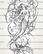 Close view of cybersigilism mermaid tattoo showing fine tail scales, curved body, extended split fin, crescents, starbursts, and open negative space