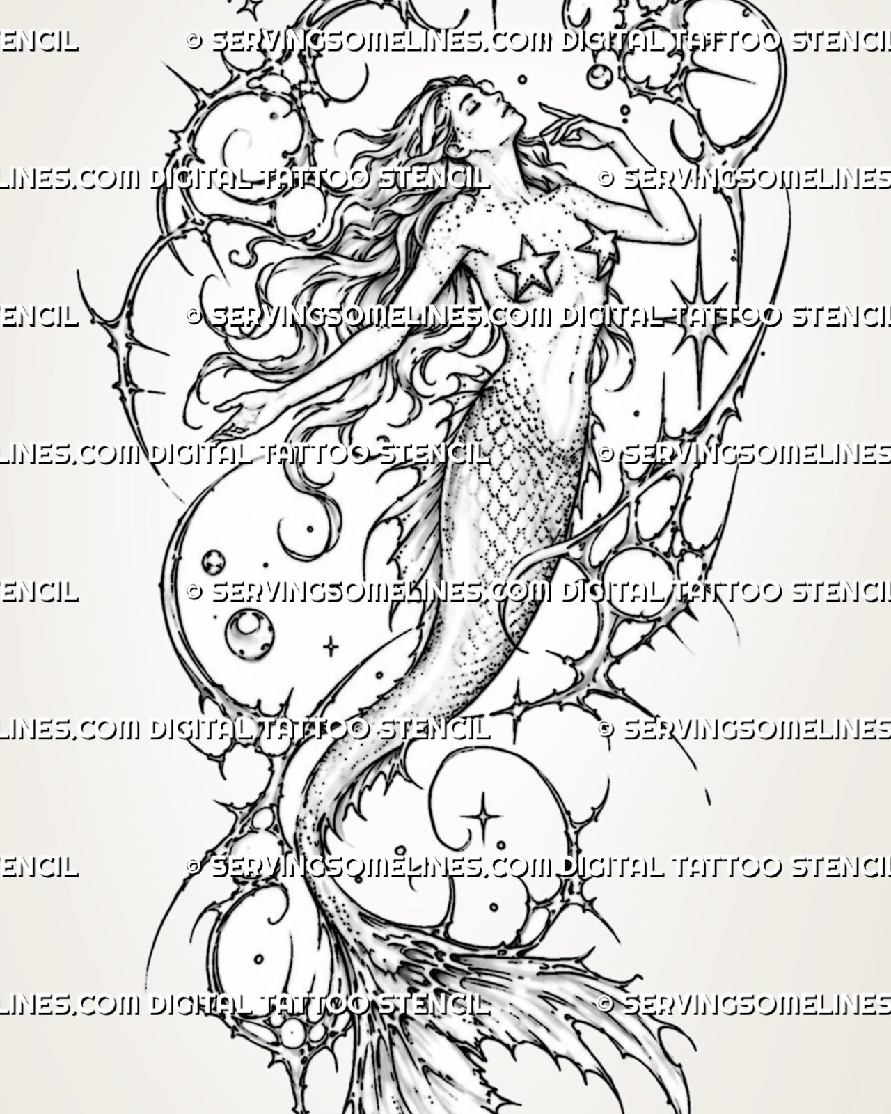 Close view of cybersigilism mermaid tattoo showing fine tail scales, curved body, extended split fin, crescents, starbursts, and open negative space