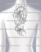 Cybersigilism mermaid tattoo shown at the center of the upper back with full-body figure, flowing hair, long scaled tail, split fin, and celestial cyber frame