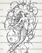 Close view of cybersigilism mermaid tattoo showing upward-facing profile, flowing hair, extended arms, star chest details, and celestial cyber linework