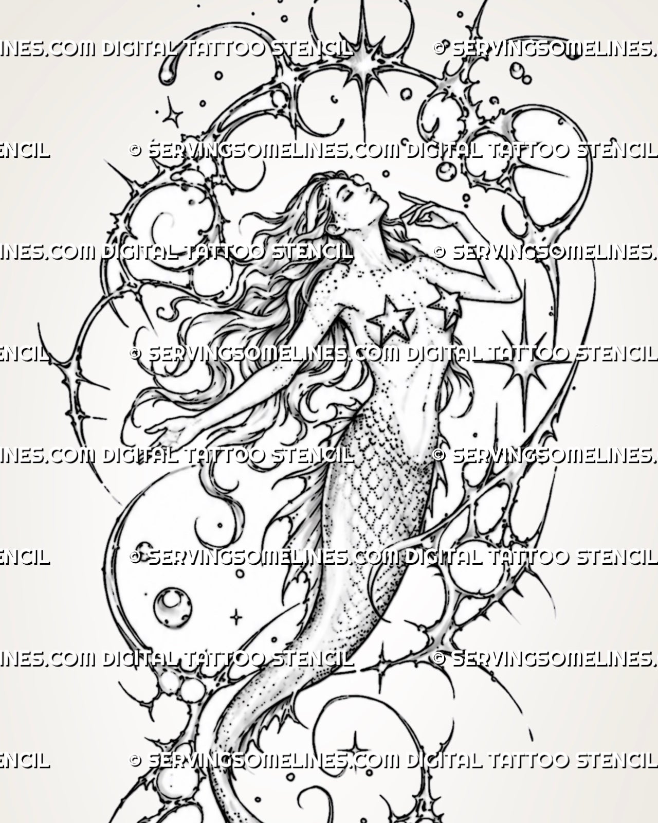 Close view of cybersigilism mermaid tattoo showing upward-facing profile, flowing hair, extended arms, star chest details, and celestial cyber linework