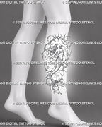 Cybersigilism mermaid tattoo stencil shown on calf with tall full-body composition, upward-facing profile, scaled tail, extended fin, and cyber fantasy ornament