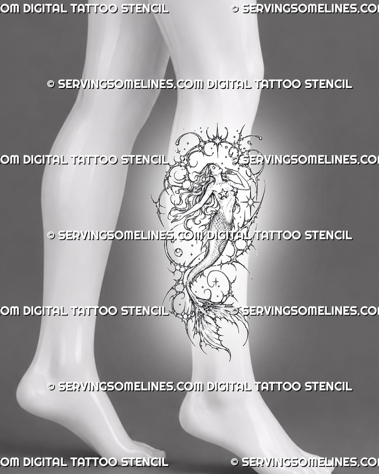 Cybersigilism mermaid tattoo stencil shown on calf with tall full-body composition, upward-facing profile, scaled tail, extended fin, and cyber fantasy ornament