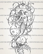 Cybersigilism mermaid tattoo stencil with full female figure, flowing hair, scaled tail, split fin, celestial circles, and sharp cyber sigil framing