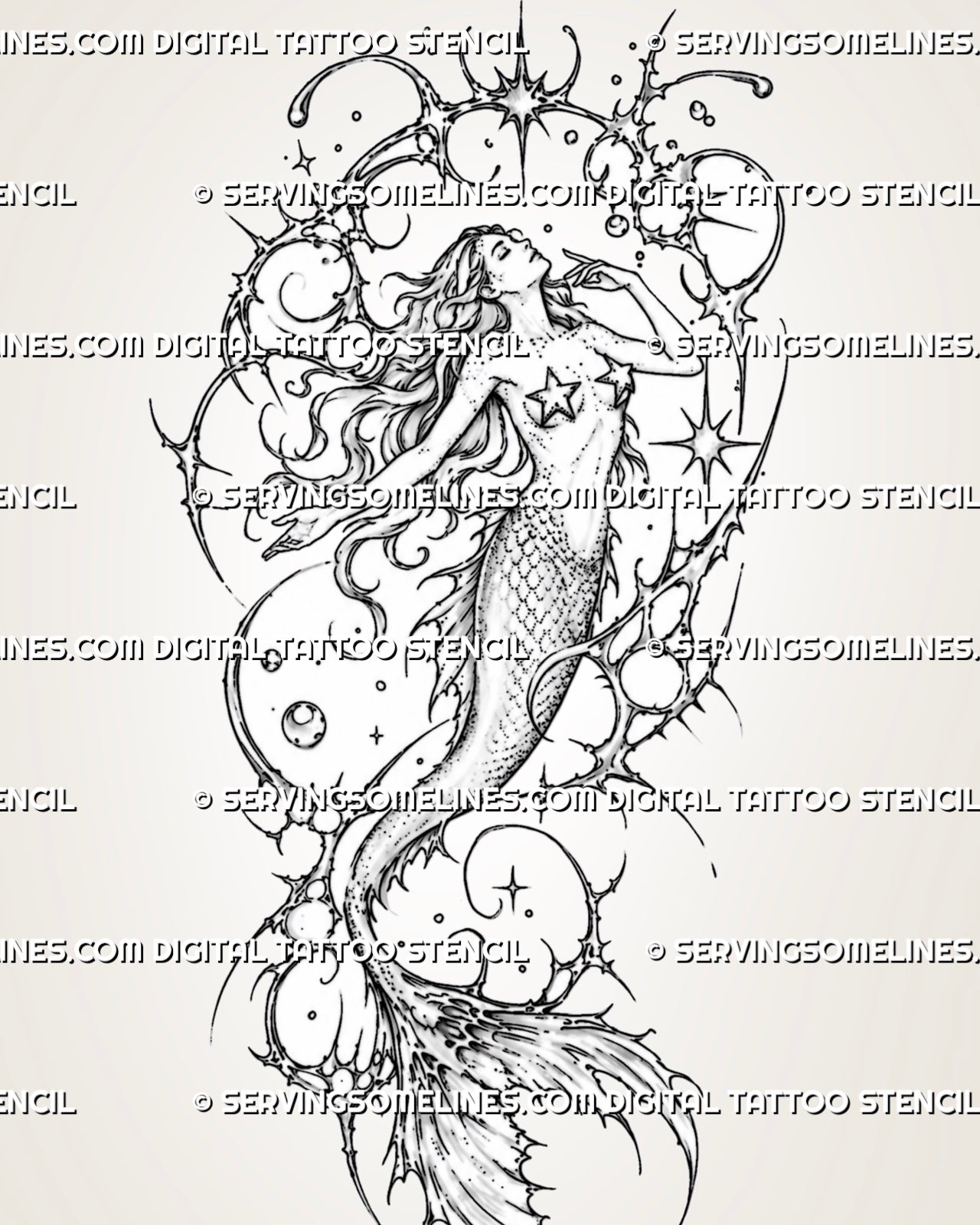 Cybersigilism mermaid tattoo stencil with full female figure, flowing hair, scaled tail, split fin, celestial circles, and sharp cyber sigil framing