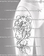Cybersigilism mermaid tattoo stencil shown on women’s thigh with full-body figure, fine scales, sweeping tail, split fin, and abstract cyber framing