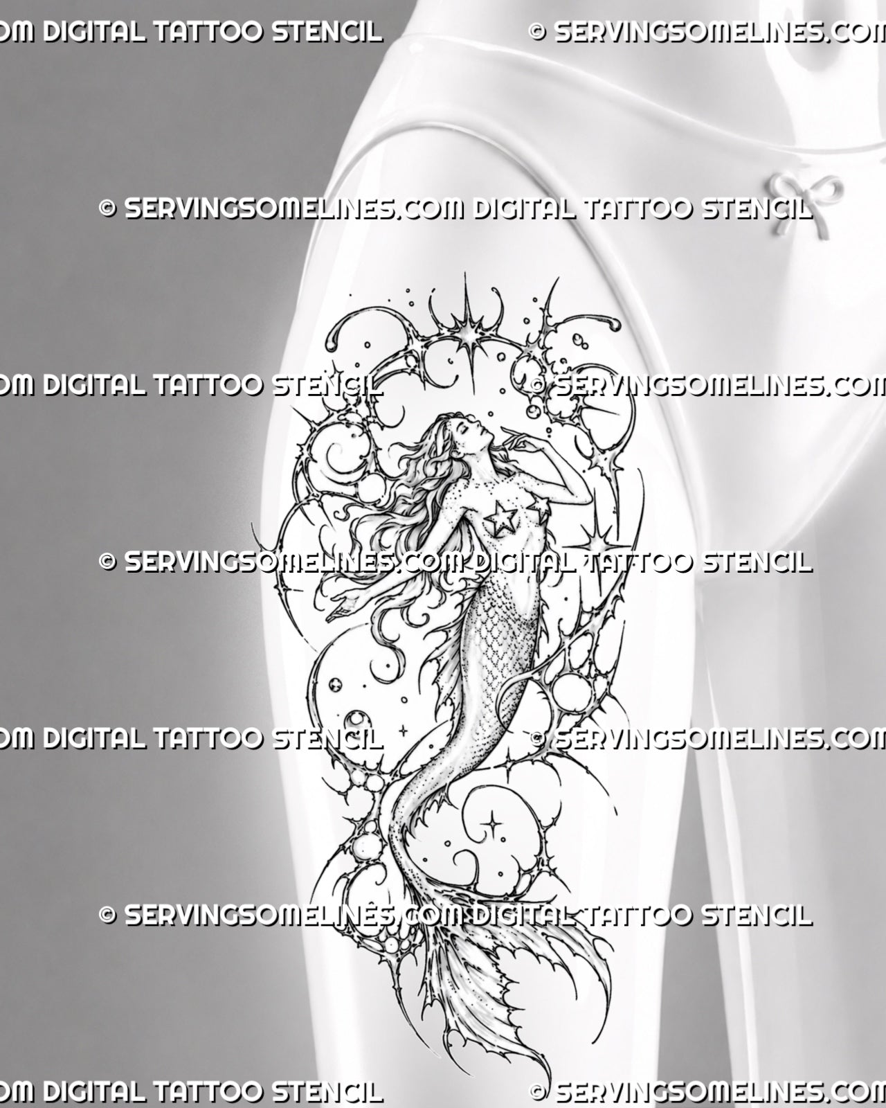 Cybersigilism mermaid tattoo stencil shown on women’s thigh with full-body figure, fine scales, sweeping tail, split fin, and abstract cyber framing