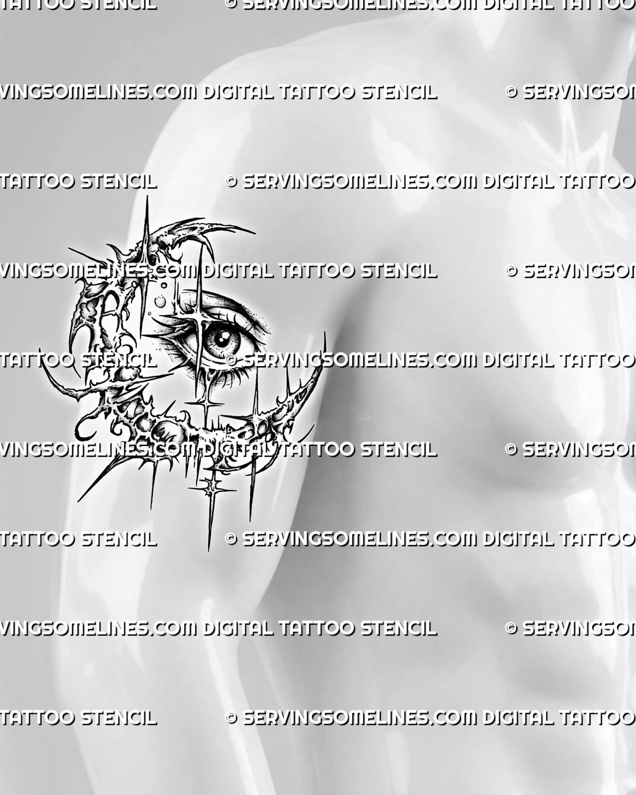 Cybersigilism moon eye tattoo stencil displayed on men’s upper arm, with crescent shape, detailed eye, and dark celestial linework