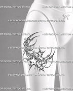 Cybersigilism moon and stars tattoo stencil shown on female thigh with crescent moon, starbursts, chain detail, and bold celestial tattoo flow