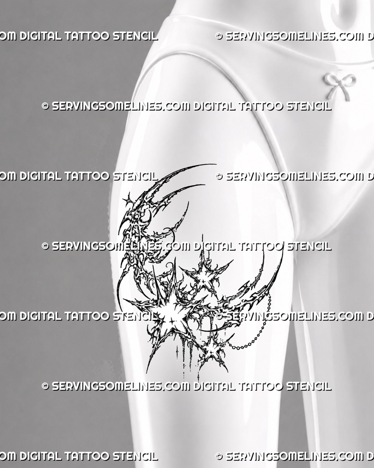 Cybersigilism moon and stars tattoo stencil shown on female thigh with crescent moon, starbursts, chain detail, and bold celestial tattoo flow