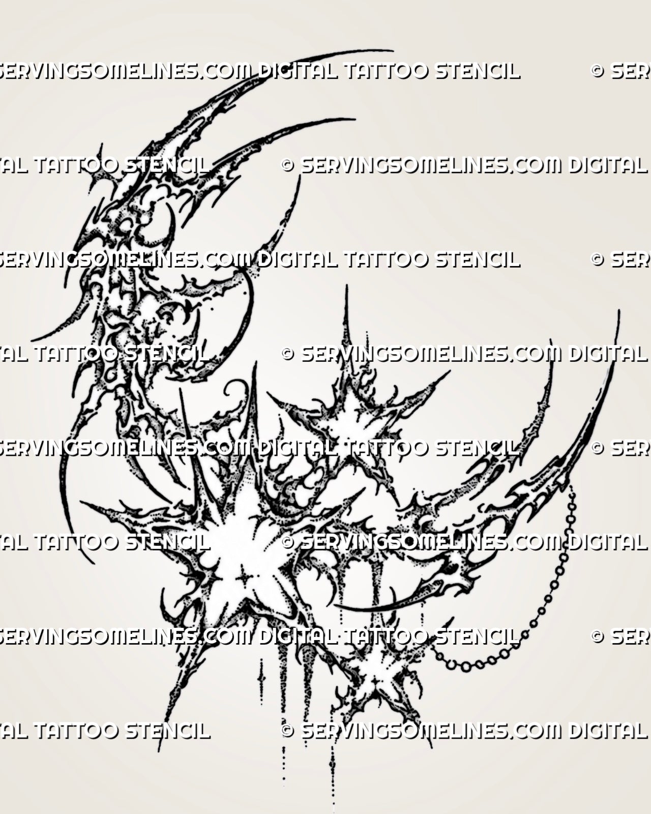Cybersigilism moon and stars tattoo stencil with crescent moon, sharp starbursts, cyber sigil curves, chain detail, and ornamental celestial layout
