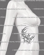 Cybersigilism moon and stars tattoo stencil shown on women’s side stomach with crescent moon, chain detail, starbursts, and curved celestial layout