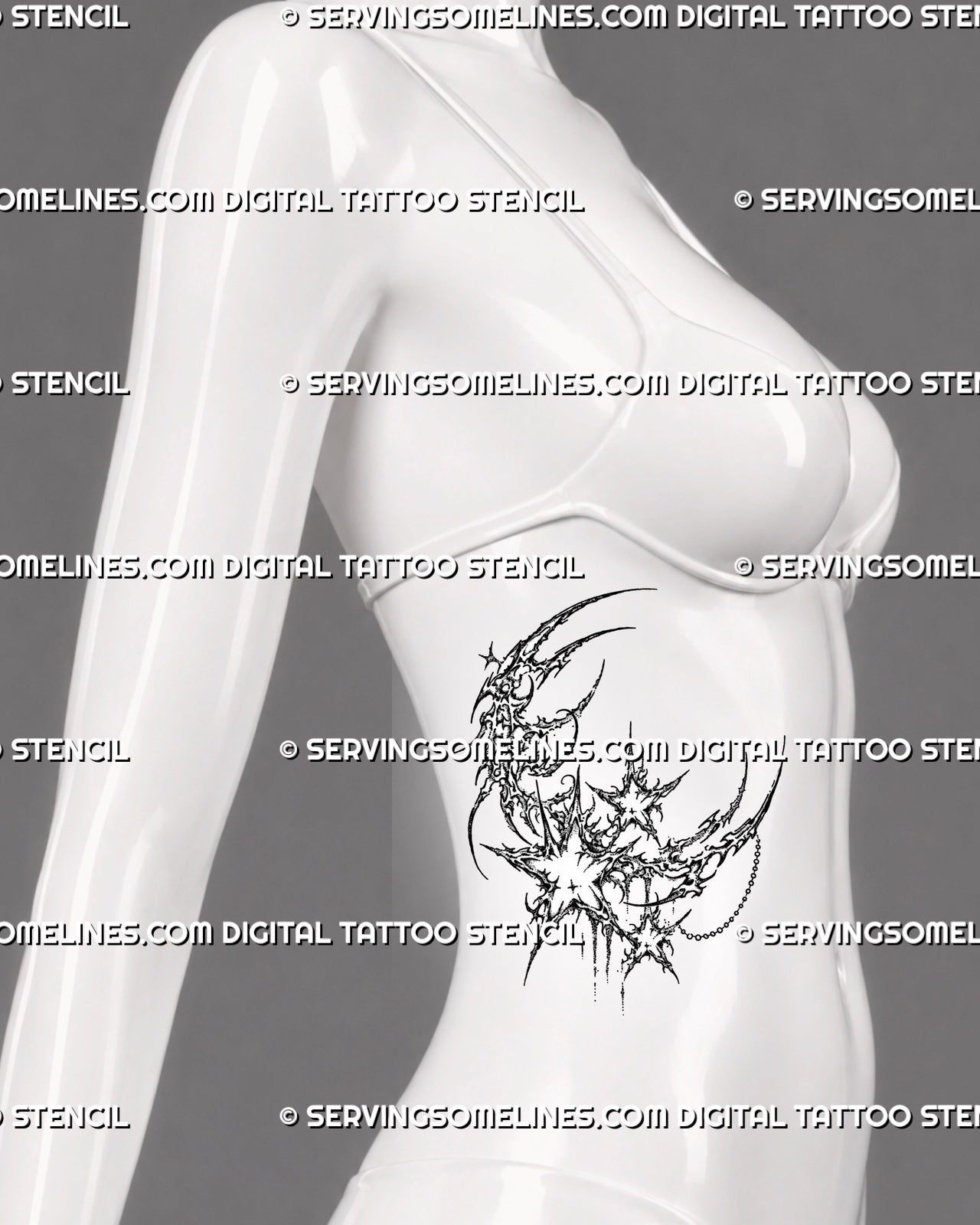 Cybersigilism moon and stars tattoo stencil shown on women’s side stomach with crescent moon, chain detail, starbursts, and curved celestial layout
