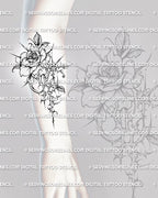 Cybersigilism rose tattoo stencil shown on forearm placement, with clear rose bloom, thorn-like sigil details, and vertical drop. 