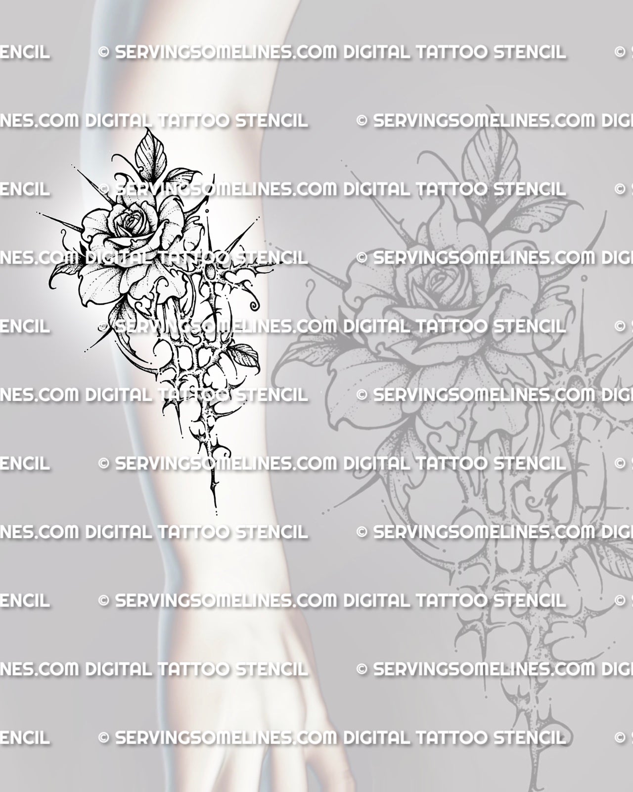 Cybersigilism rose tattoo stencil shown on forearm placement, with clear rose bloom, thorn-like sigil details, and vertical drop. 