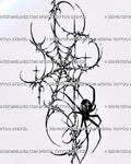 Cybersigilism spider on web tattoo stencil with a solid black spider, thorn-like web, hooked cyber sigil points, four-point stars, and raw gothic linework