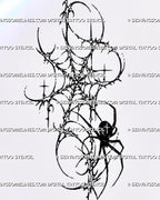 Cybersigilism spider on web tattoo stencil with a solid black spider, thorn-like web, hooked cyber sigil points, four-point stars, and raw gothic linework