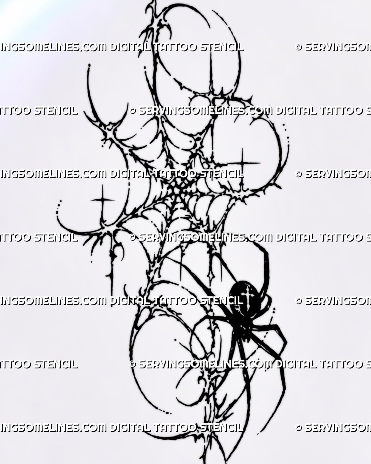 Cybersigilism spider on web tattoo stencil with a solid black spider, thorn-like web, hooked cyber sigil points, four-point stars, and raw gothic linework