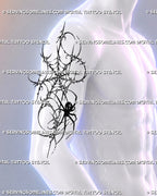 Cybersigilism spider tattoo shown on a man’s upper arm with an irregular spiderweb, black spider silhouette, hooked points, and dark abstract linework