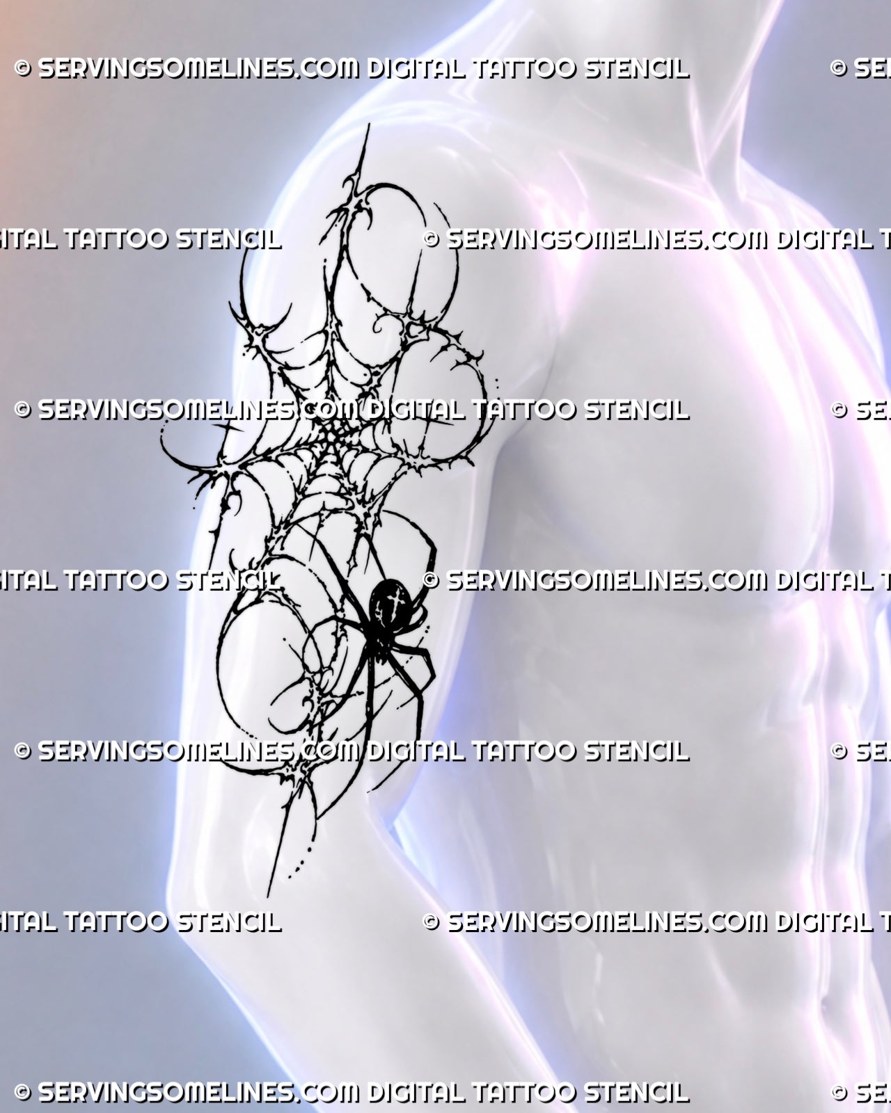 Cybersigilism spider tattoo shown on a man’s upper arm with an irregular spiderweb, black spider silhouette, hooked points, and dark abstract linework