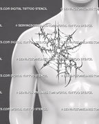 Cybersigilism spider web tattoo stencil shown on men’s side chest with sharp web structure, cyber tribal curves, and dark ornamental detail