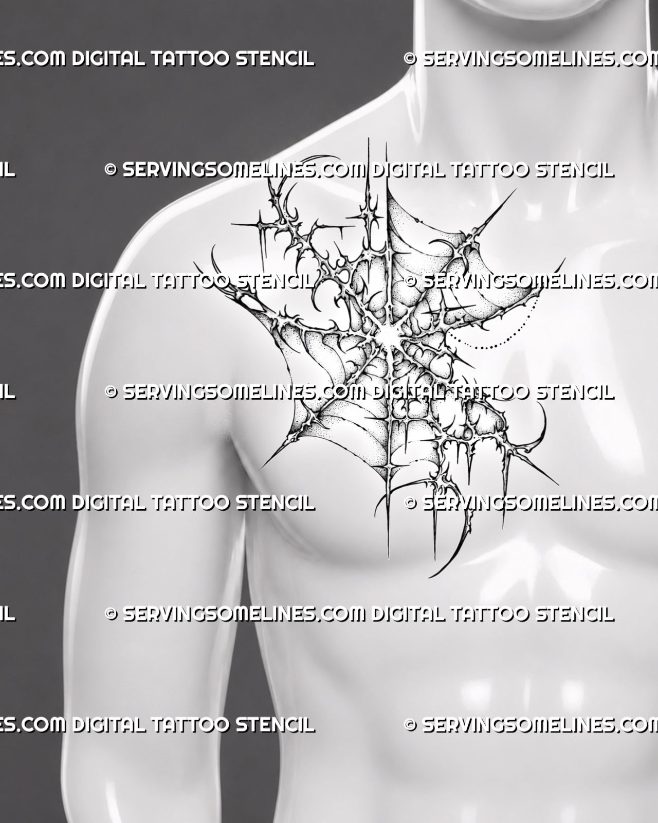 Cybersigilism spider web tattoo stencil shown on men’s side chest with sharp web structure, cyber tribal curves, and dark ornamental detail
