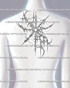 Cybersigilism spider web tattoo stencil shown on upper back with sharp cyber sigil linework, spiked web structure, and star-like points