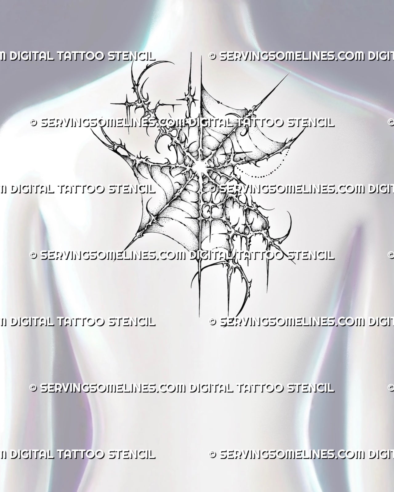 Cybersigilism spider web tattoo stencil shown on upper back with sharp cyber sigil linework, spiked web structure, and star-like points