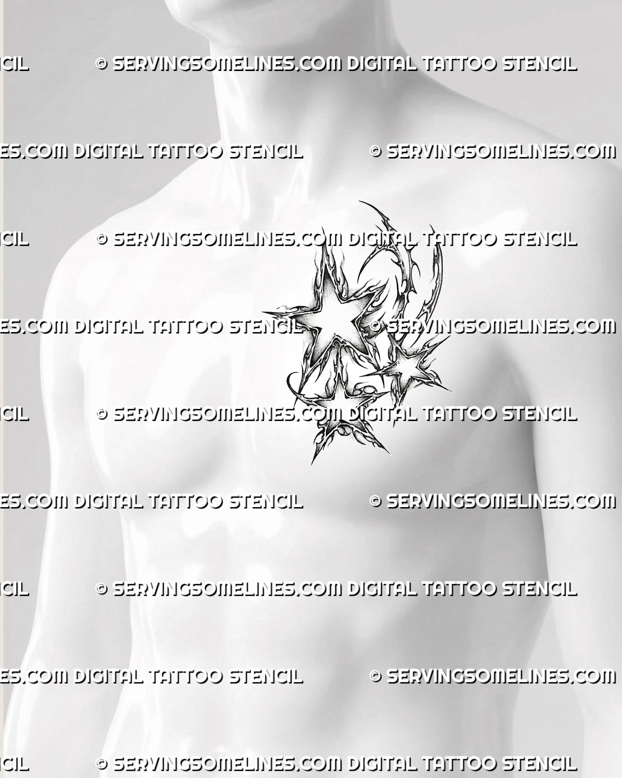 Cybersigilism stars tattoo shown on men’s side chest placement, with tight three-star cluster and clean stencil detail 