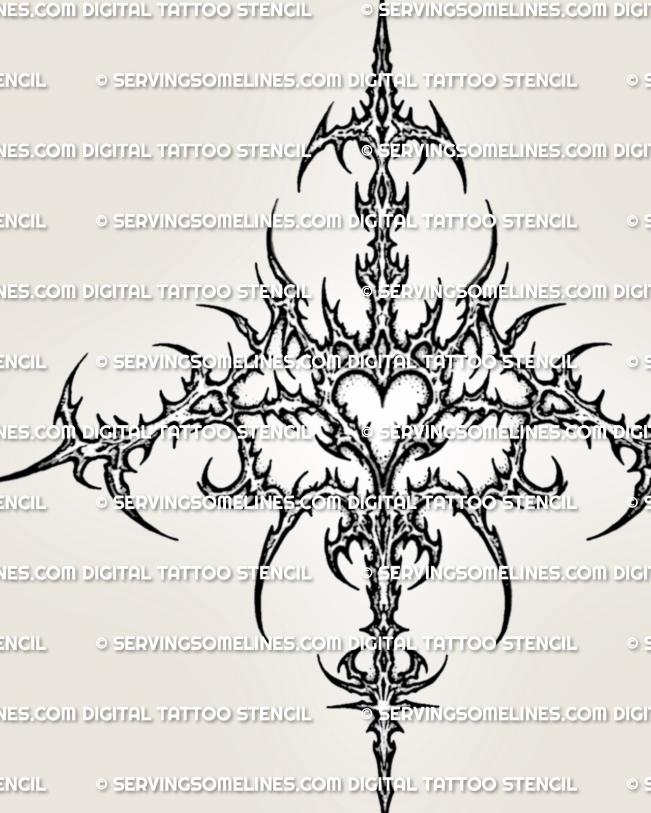 Cybersigilism sternum tattoo stencil design with sharp cyber details, heart-like center, wide lower chest spread, and vertical drop.