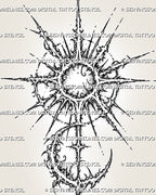 Close view of cybersigilism sun and moon tattoo stencil showing pointed sun rays, crescent moon curve, dotted texture, gothic celestial detail, and fine cyber linework