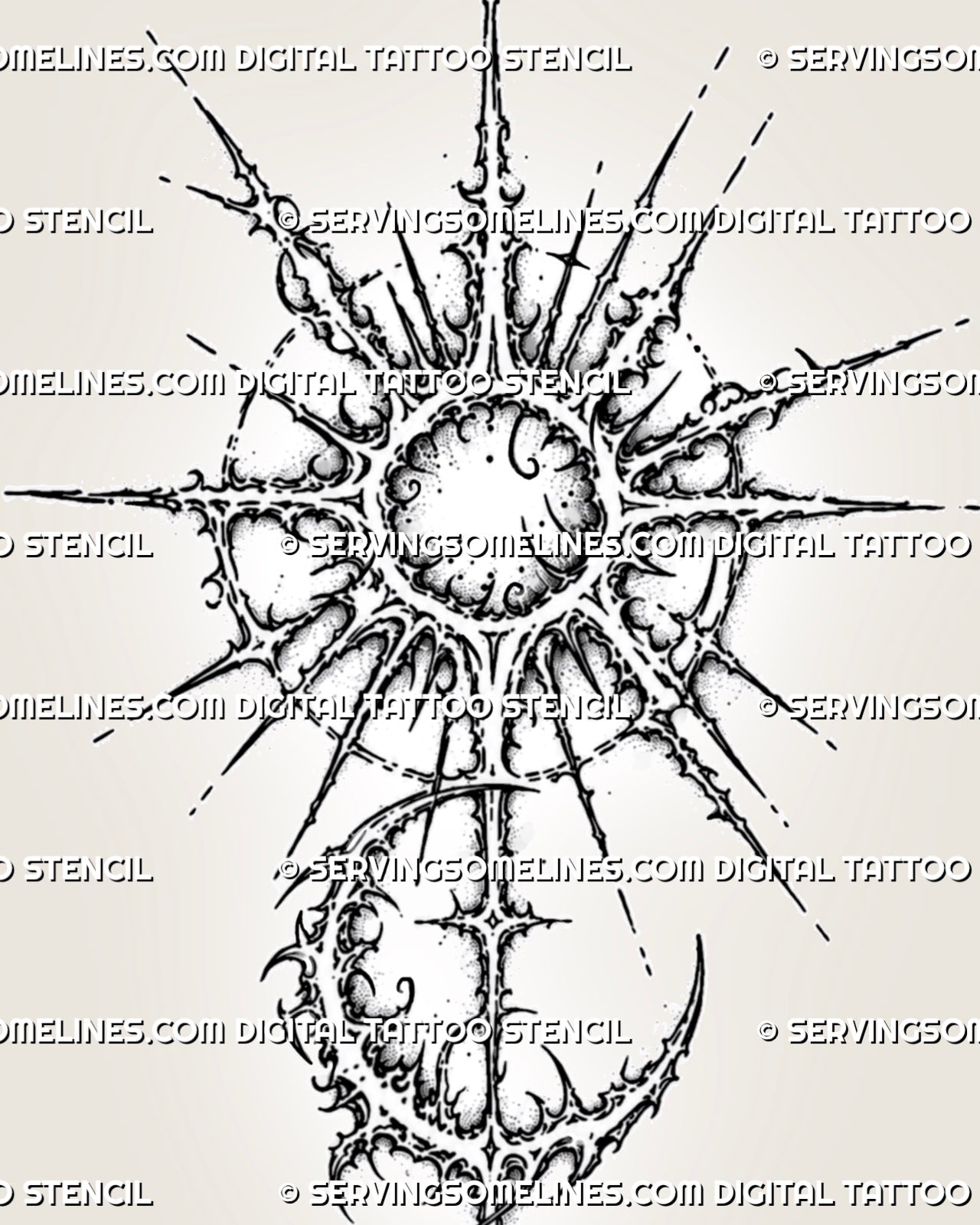 Close view of cybersigilism sun and moon tattoo stencil showing pointed sun rays, crescent moon curve, dotted texture, gothic celestial detail, and fine cyber linework