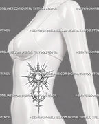 Cybersigilism sun and moon tattoo stencil shown on female ribs with vertical celestial design, pointed sunburst, crescent moon curve, and sharp gothic cyber linework