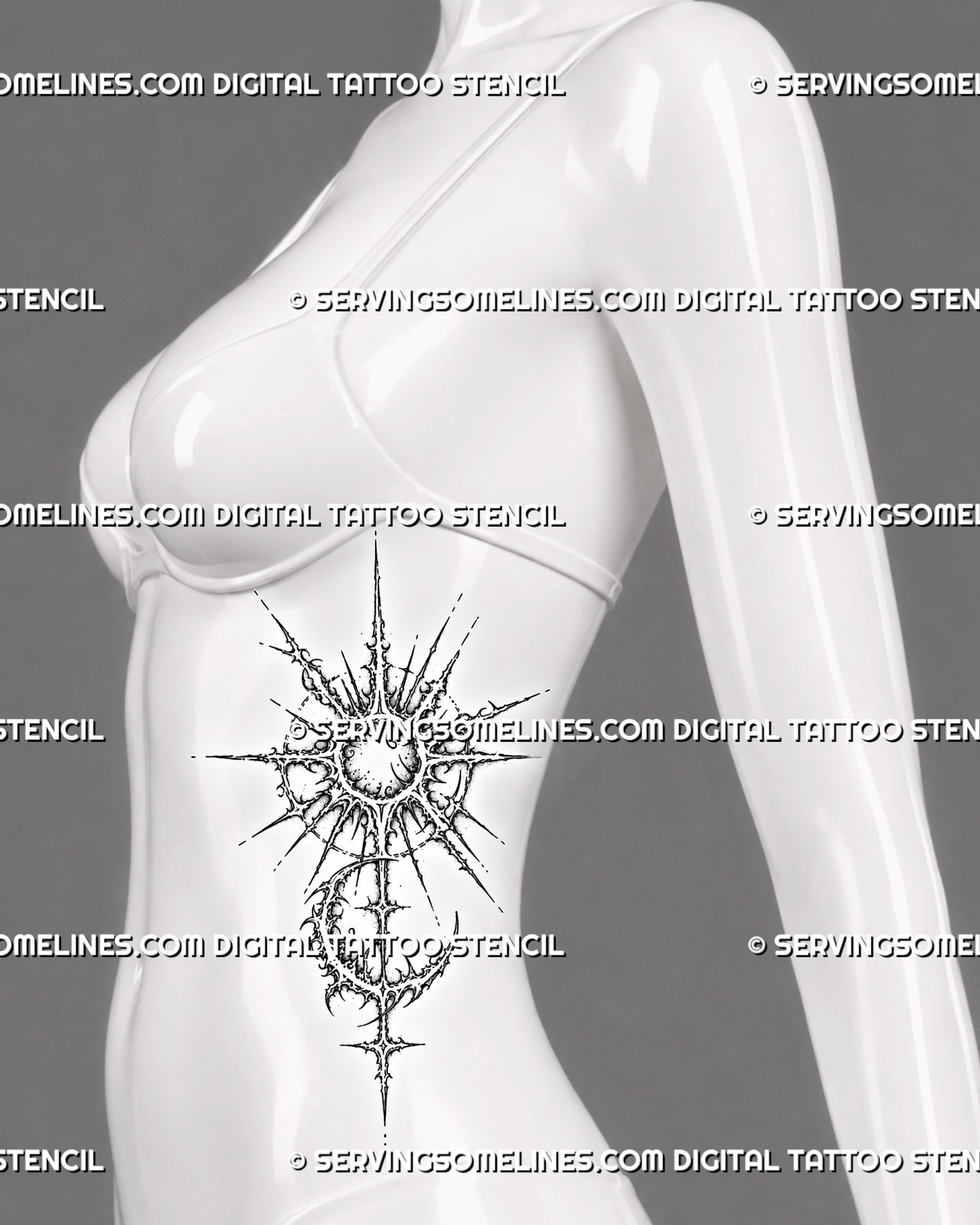 Cybersigilism sun and moon tattoo stencil shown on female ribs with vertical celestial design, pointed sunburst, crescent moon curve, and sharp gothic cyber linework