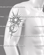 Cybersigilism sun and moon tattoo stencil shown on men’s upper arm with sharp celestial rays, crescent moon, cyber sigil details, and bold tattoo for men placement