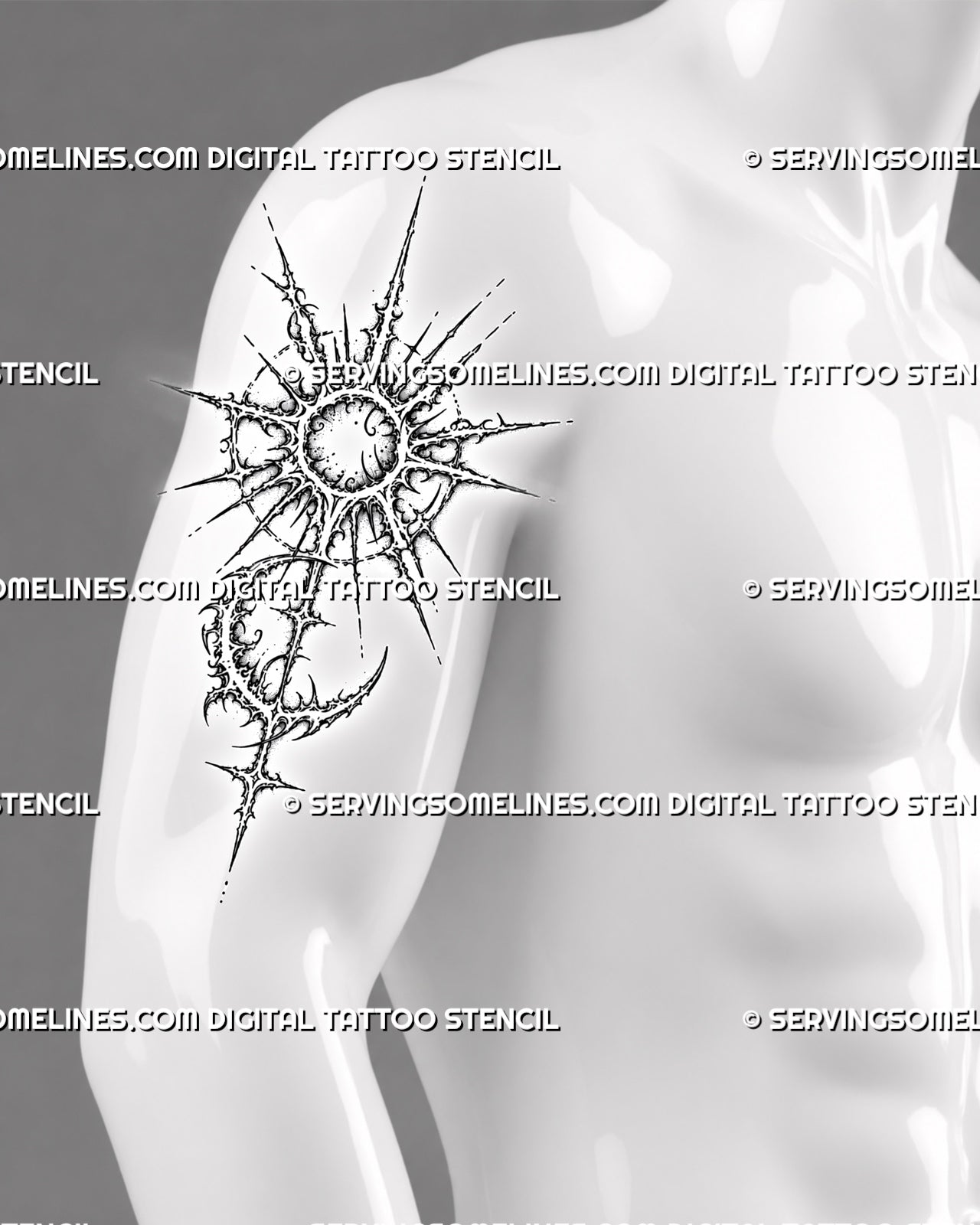 Cybersigilism sun and moon tattoo stencil shown on men’s upper arm with sharp celestial rays, crescent moon, cyber sigil details, and bold tattoo for men placement