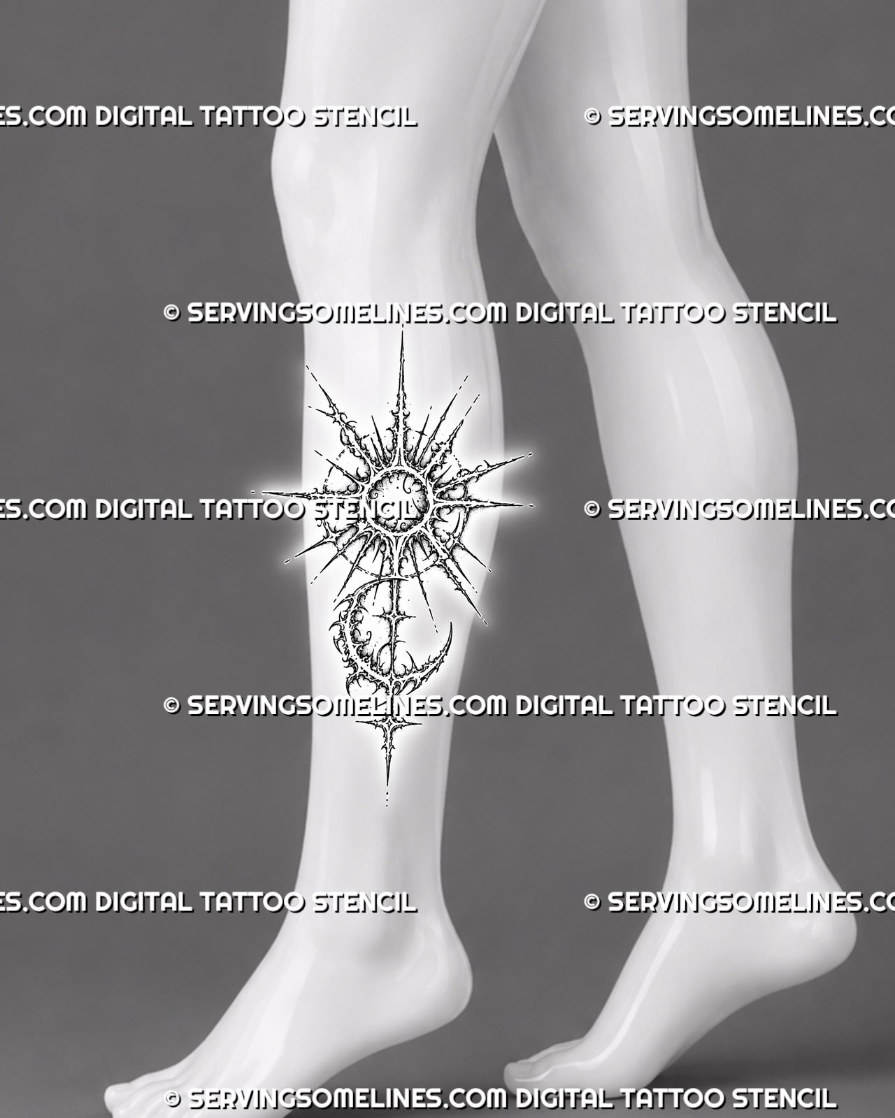 Cybersigilism sun and moon tattoo stencil shown on calf with tall celestial layout, sharp sun rays, crescent moon, dotted texture, and vertical cyber sigil design